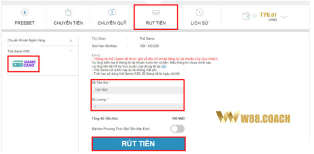 Các thao tác rút tiền với phương thức thẻ game W88