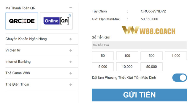 Gửi tiền W88 qua mã thanh toán QR