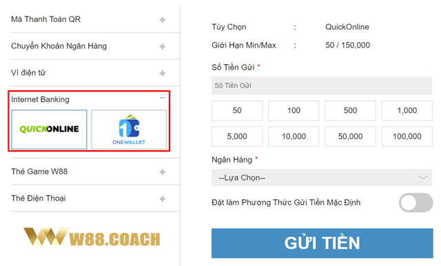 Thao tác nạp tiền cá cược qua Internet Banking